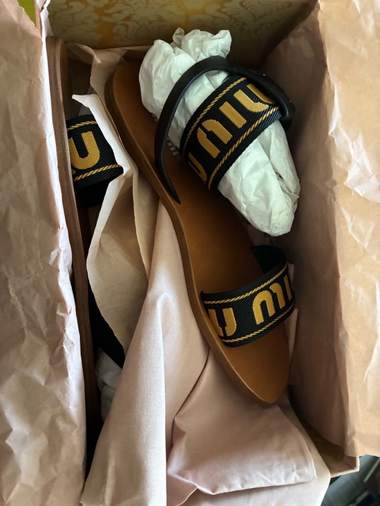 Miu Miu Shoes - Miu Miu Black and Yellow Logo Webbing Flat Sandals